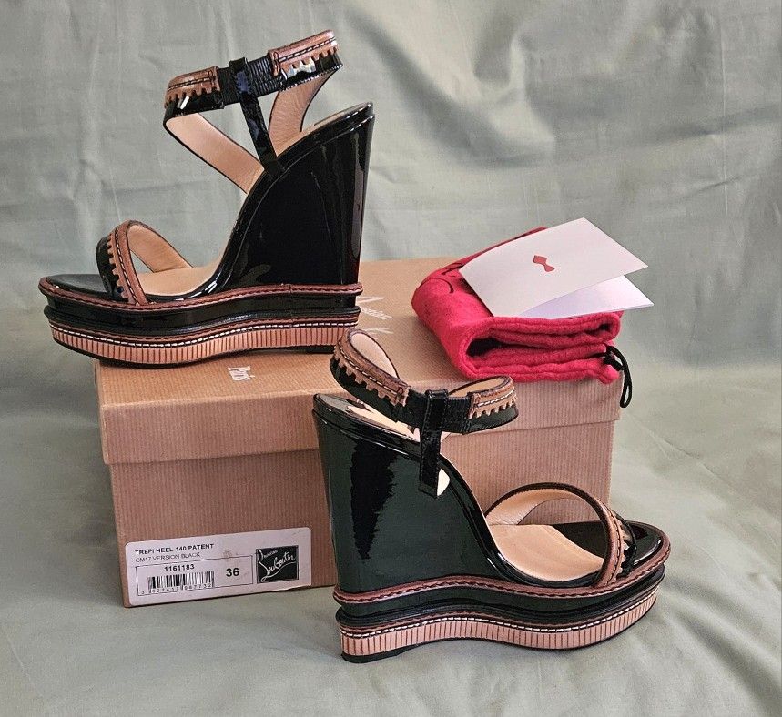 Women's Christian Louboutin Cataclou Black Brown Leather Designer Wedge Block Heels Size 6 US