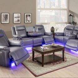 3-Piece Grey Leather Power Reclining Living Room Set **New In boxes**
