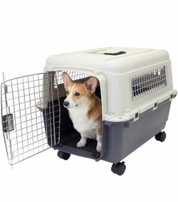 SportPet Airline Compliant MEDIUM 24.25" Travel Dog Kennel-Durable Plastic Airline Pet Carrier w/Removable Wheels & Food Bowls, Collapsible Indoor/Out