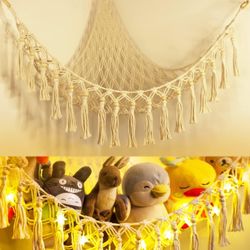 Stuffed Animal Toy Storage Hammock with LED Light - Macrame Jumbo Doll Corner Stuff Animals Organizer Decorations - Cute Hanging Plushie Net Kids Baby
