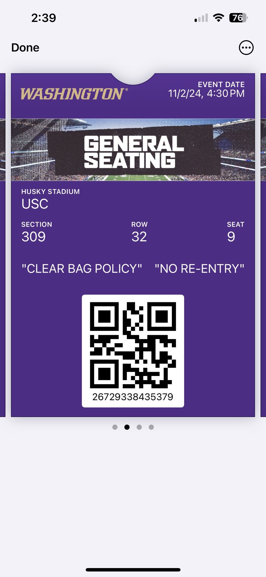 11/2 UW Husky Game 4 Tickets