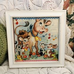 Vintage Child’s/nursery Picture Wall Hanging, Framed, Cow, Calf, Skunk, Bunny