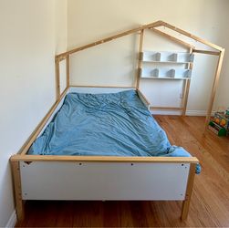 White Children s Bed and Wood Baby Crib with Mattress.