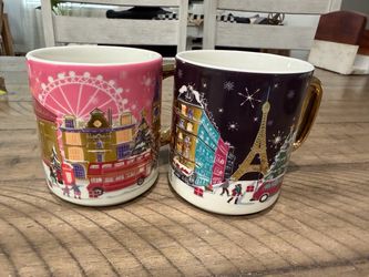 Set of 2 Anthropology Holiday City Scene Ceramic Mugs