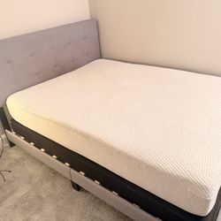 : Queen Upholstered Bed + Box Spring + Lightly Used Casper Original Hybrid Mattress
