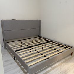 King Size Bed Frame with LED Lights and Charging Station Linen Upholstered Platform Bed Frame with 51.2" Tall Wingback Headboard and Storage Shelf, No