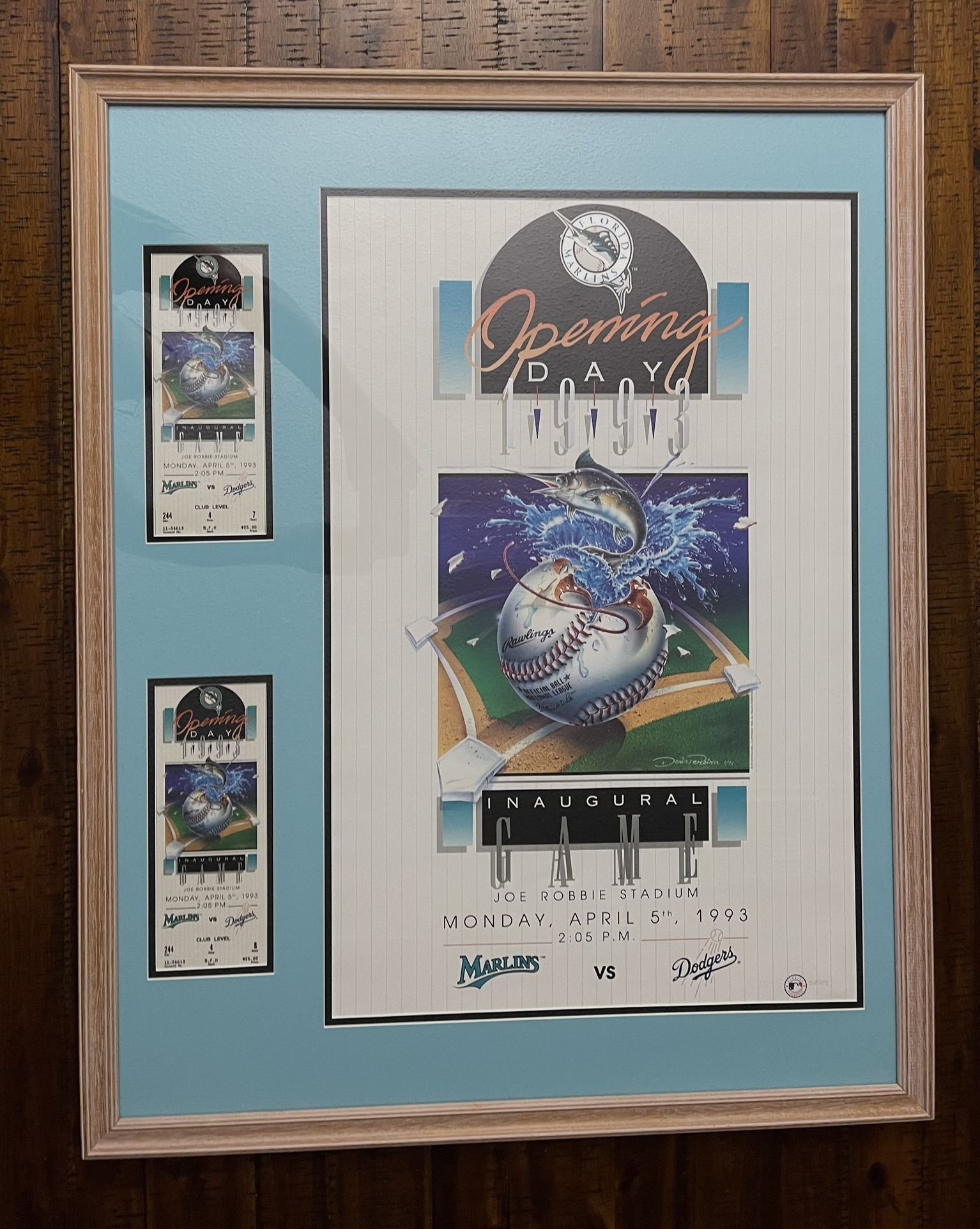 Florida Marlins Opening Day 1993 Inaugural Game Poster Framed with 2 actual game tickets COA