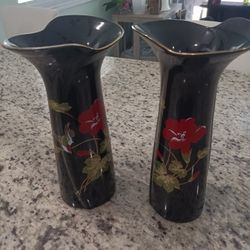 Pair of 2 x Black Red Iris Pattern Tall Floral Flowers Vase Japan Fine China Gold Accents