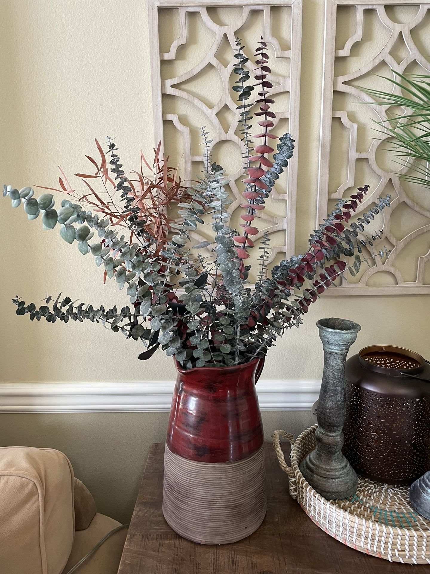 Large Two-Tone Vase Pitcher with Real Preserved Eucalyptus Flower Arrangement
