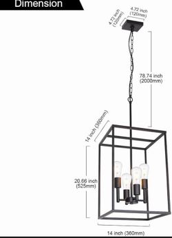 4 Light Large Industrial Metal Farmhouse Pendant Light Black Square Wide Cage Chandelier with Painted Finish for Dining Room Foyer Living Room Cafe Ba