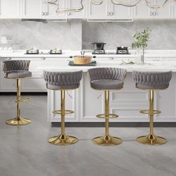 Bar Stools 30.5 in. Adjustable Metal Barstools Counter Height Stools, Velvet Kitchen Island Stools, Gray (Set of 4)