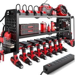 32”Power Tool Organizer with Charging Station Wall Mount, Built in 8 Outlet Surge Protection Black