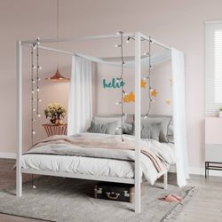 Metal Canopy Bed Frame Queen Size/Mattress Foundation with Metal Slats Support/No Box Spring Needed/Easy Assembly/White  Top highlights Size