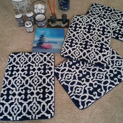 Complete Navy Blue & White Bathroom Decor Set (Mats, Accessories, Scale & Decor)