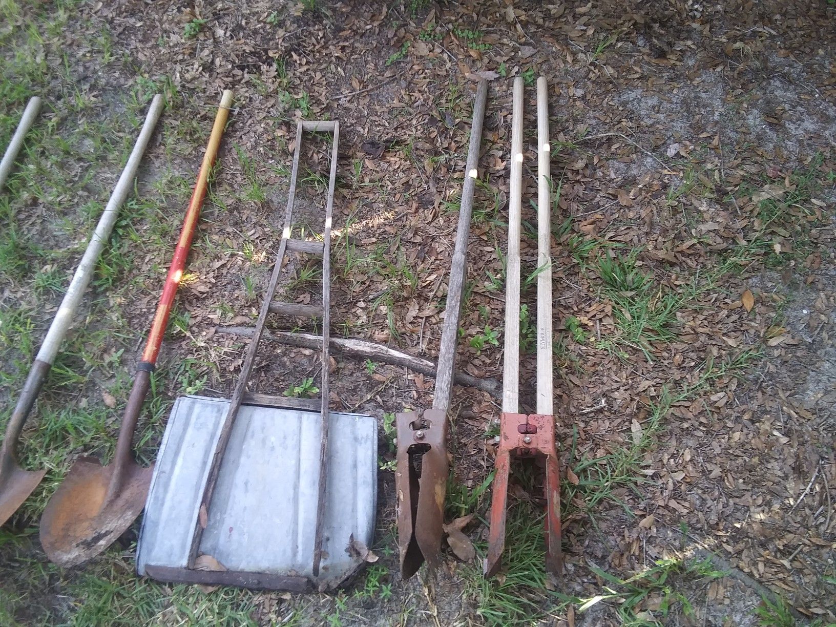 Shovels. Rakes, post diggers axes pitch forks spades etc..