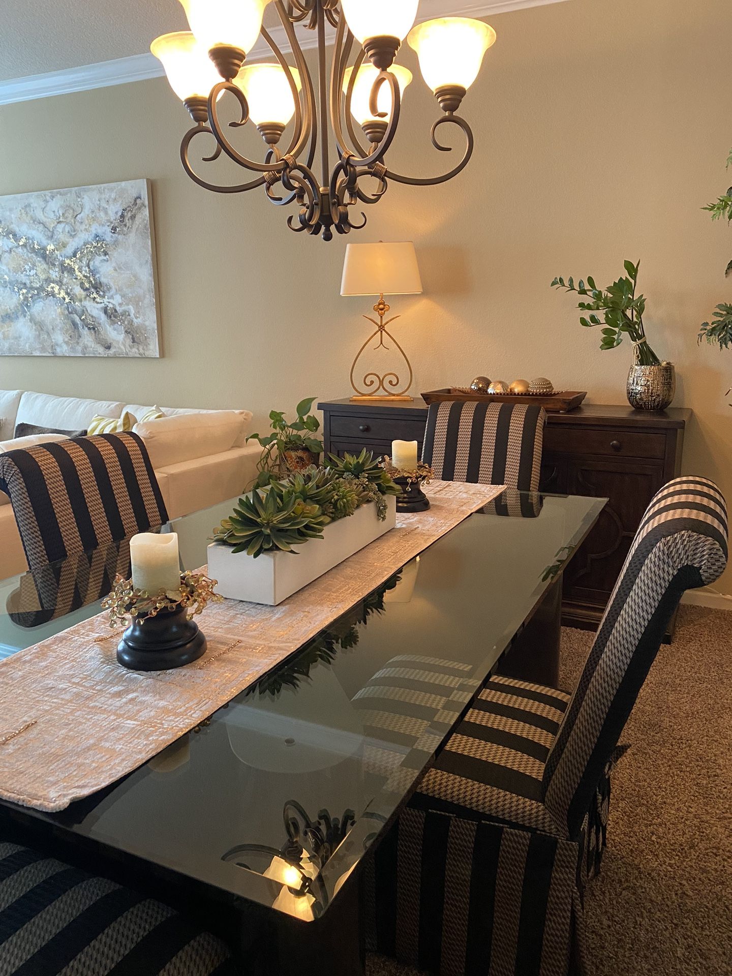 Beautiful Glass Dining Room Set With 4 Upholster Chairs