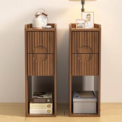 Narrow Fluted Nightstand Set of 2, Wooden Small 2 Drawer Nightstand, Slim Side End Table, Vintage Bedside Table, Mid Century Modern Night Stand with D