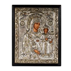 Byzantine Icon of Virgin Mary & Christ Child, 950 Silver Clad, 24K Gold Plated