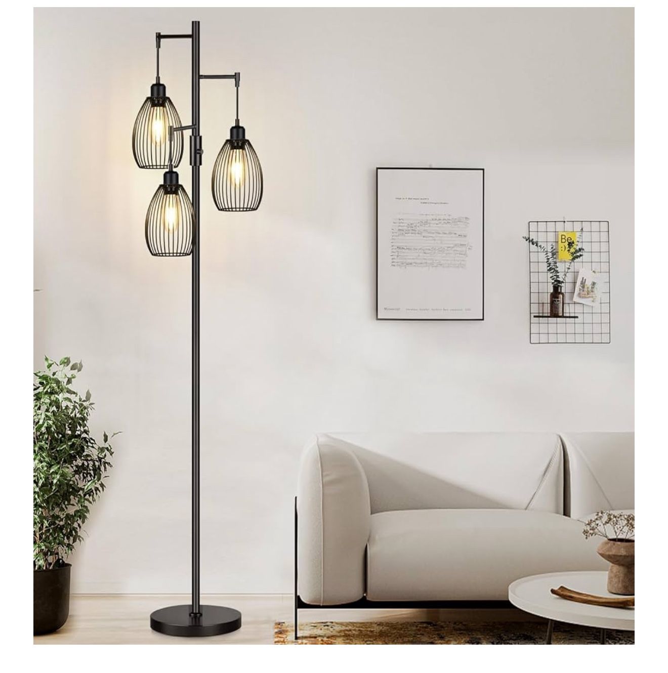Dimmable Floor Lamp, 3 x 800LM LED Edison Bulbs Included, Farmhouse Industrial Floor Lamp Standing Tree Lamp with Elegant Teardrop Cage Tall Lamps for