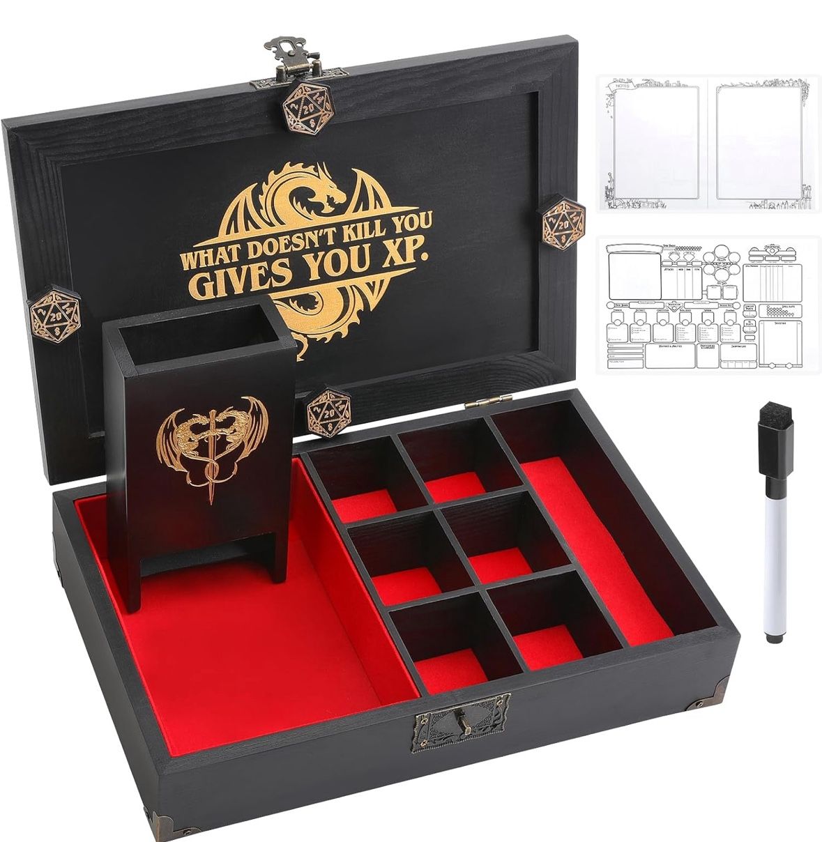 Portable Wooden Dice Tray & Tower with Magnetic Dashboard