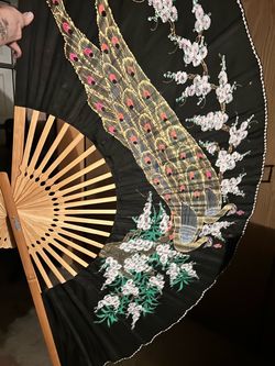 Large Decorative Asian Fan with Peacock Design
