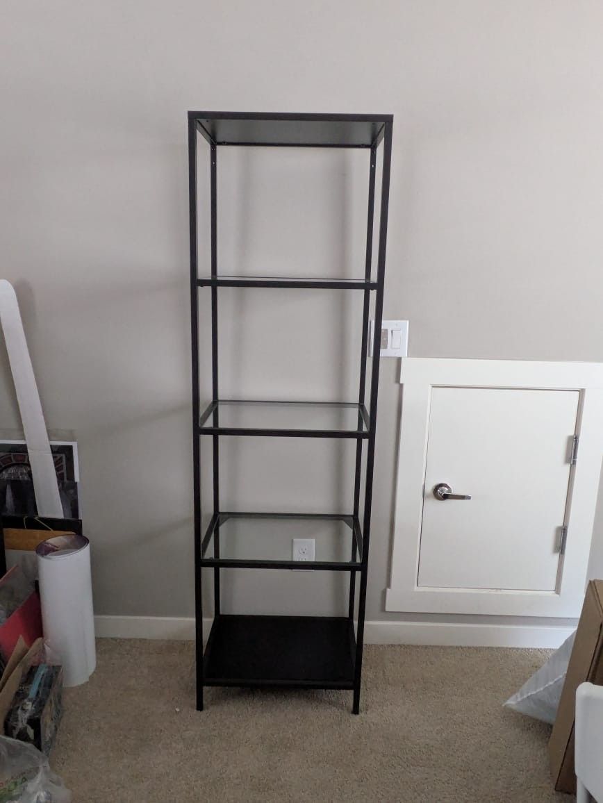 Tall Black Metal & Glass Shelving Unit - 20"W x 14"D x 69"H