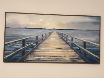 Blue dock and lake canvas painting