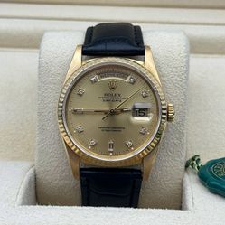 1990 Rolex Day-Date 36mm President 18k Yellow gold 18238 champagne dial Double Quick-Set Black Leather Band box tag appraisal