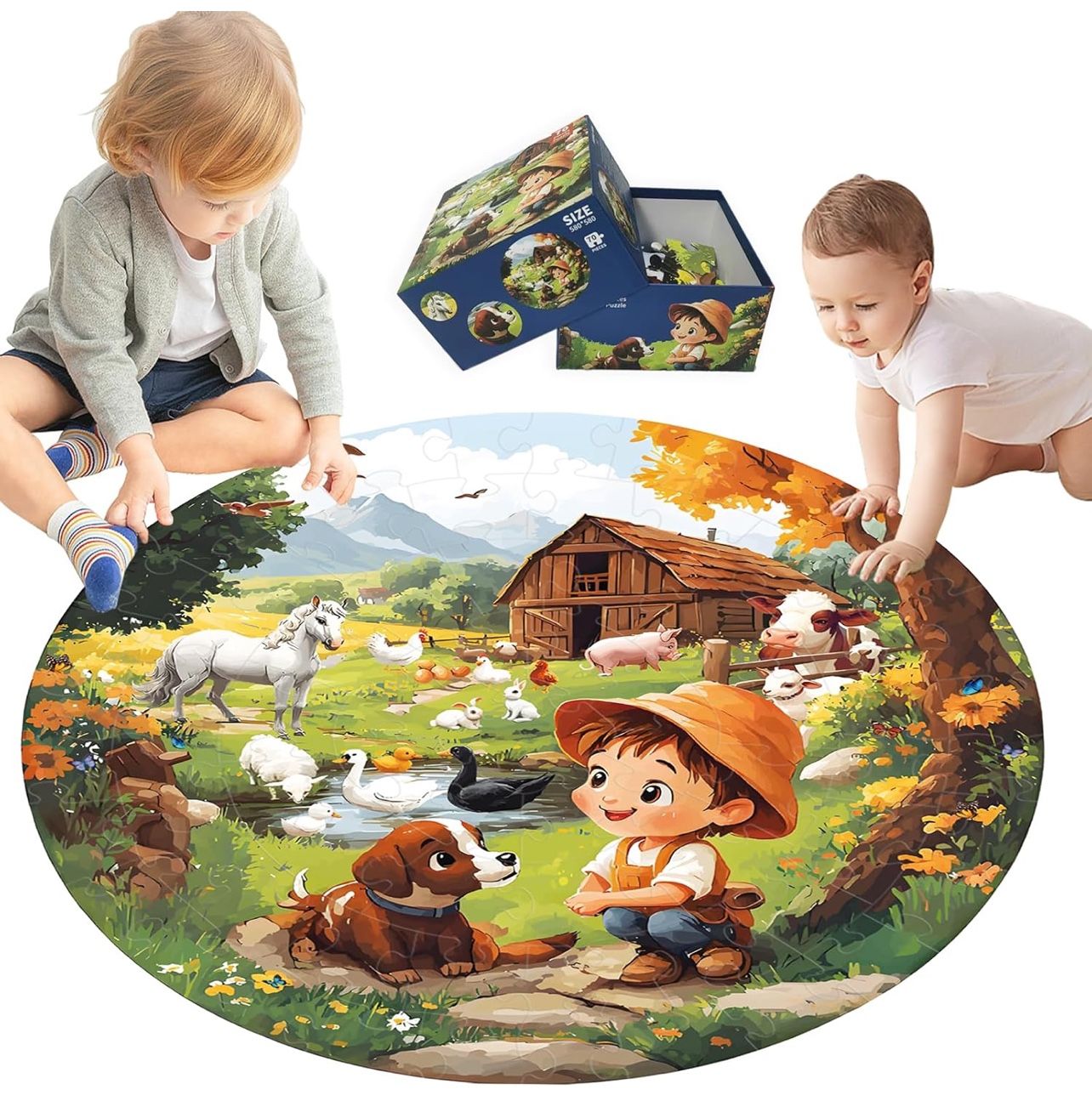 Floor Puzzle for Kids Ages - 70 Piece Large Farm Themed Round Floor Puzzle for Kids Ages 3 4 5 6 7 8 - Toddler Preschool Farm Educational Toy Gift