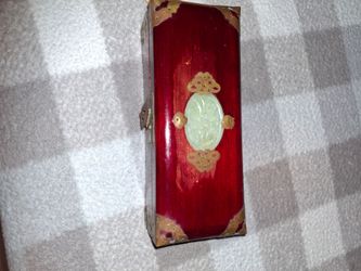 Vintage Beautiful Chinese Locking Wood Jewelry Box Jade Inlay Brass Mounts