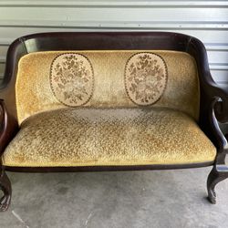 3 PC Antique Victorian Rococo Revival Settee Loveseat Carved Mahogany Floral Upholstery