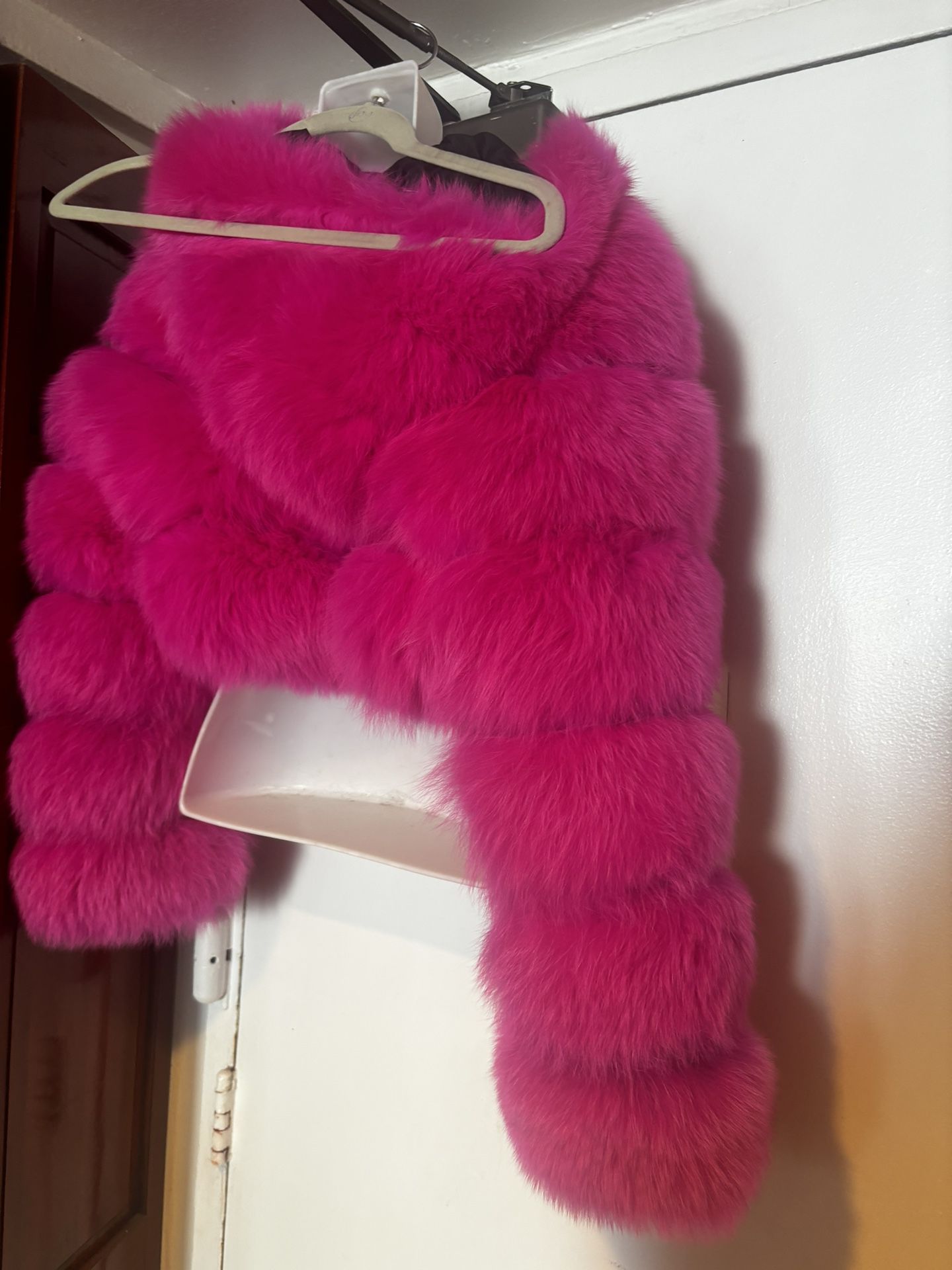 100% fox & leather fur coat hot pink dress coat half  jacket hoodie Barbie pink 