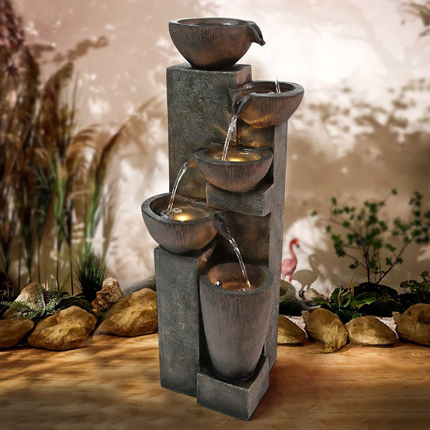 40" Garden Outdoor Fountains with LED Lights Modern Floor-Standing Waterfall Feature Fountain