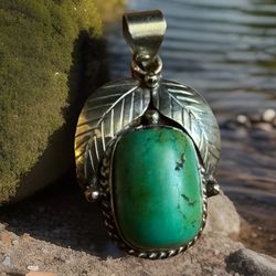 Exquisite & Vintage Handcrafted Nature Theme Fruit Design Green Tibetan Turquoise Pendant Set In Silver 1.5”inch & 6.82grams