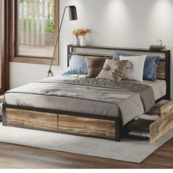 Queen Bed Frame with Storage Drawer, 2-Tier Storage Headboard with Charging Station