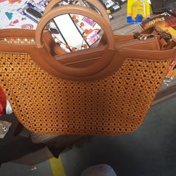 Malibu Skye Tan/Rust Removable Pouch Wooden Handle Vegan Leather Woven Tote Bag

