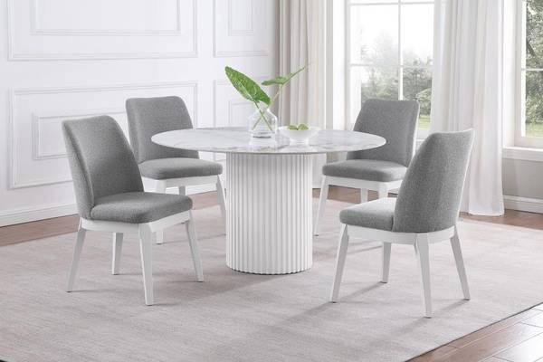 New Modern Five Piece Round Dining Room Set in White Marble Finish! 
