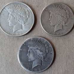 Lot Of 3 1922 Peace Silver Dollars: 1922 D X 1 & 1922 S X 2