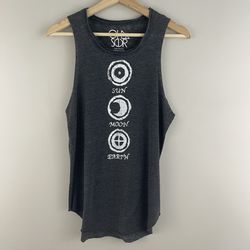 CHASER Heathered Black White Sun Moon Earth Raw Hem Graphic Muscle Tee Tank Top