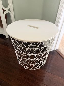 White Wire Basket Side Table with Lid