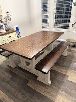 Farmhouse Dining Table with Two Benches