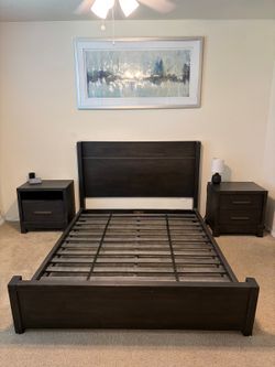 Dark Wood Queen Bed Set with Two Matching Nightstands