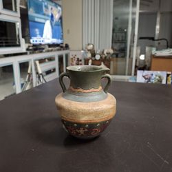 Beautiful Terracotta Pottery Urn Tealight Holder Hand-painted In Earthtones In Aztec Southwestern Motif 5" Tall 