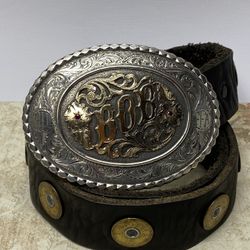 Belt Buckle 10k Yellow Gold On Solid Sterling Silver And Rubies 4.25 in. 4H FFA. 