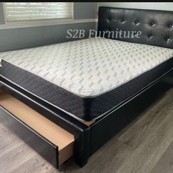 Queen Size Black Button Bed W Ortho Mattress 