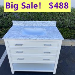 36”white single sink bathroom vanity with carrara white marble stone top