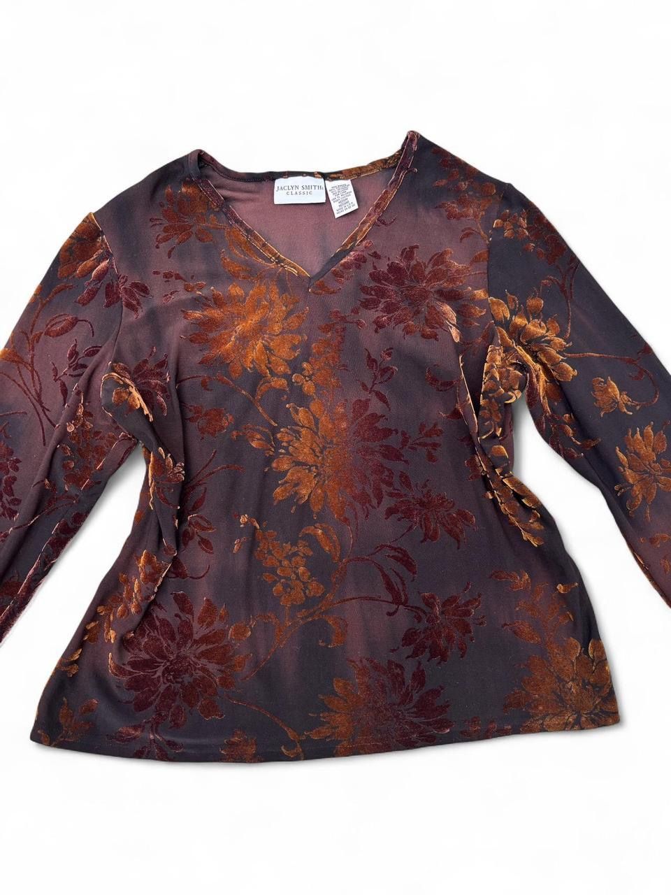 ✨STUNNING VELVET FLORAL LONG SLEEVE BROWN GOLDEN IRIDESCENT FALL OUTFIT✨