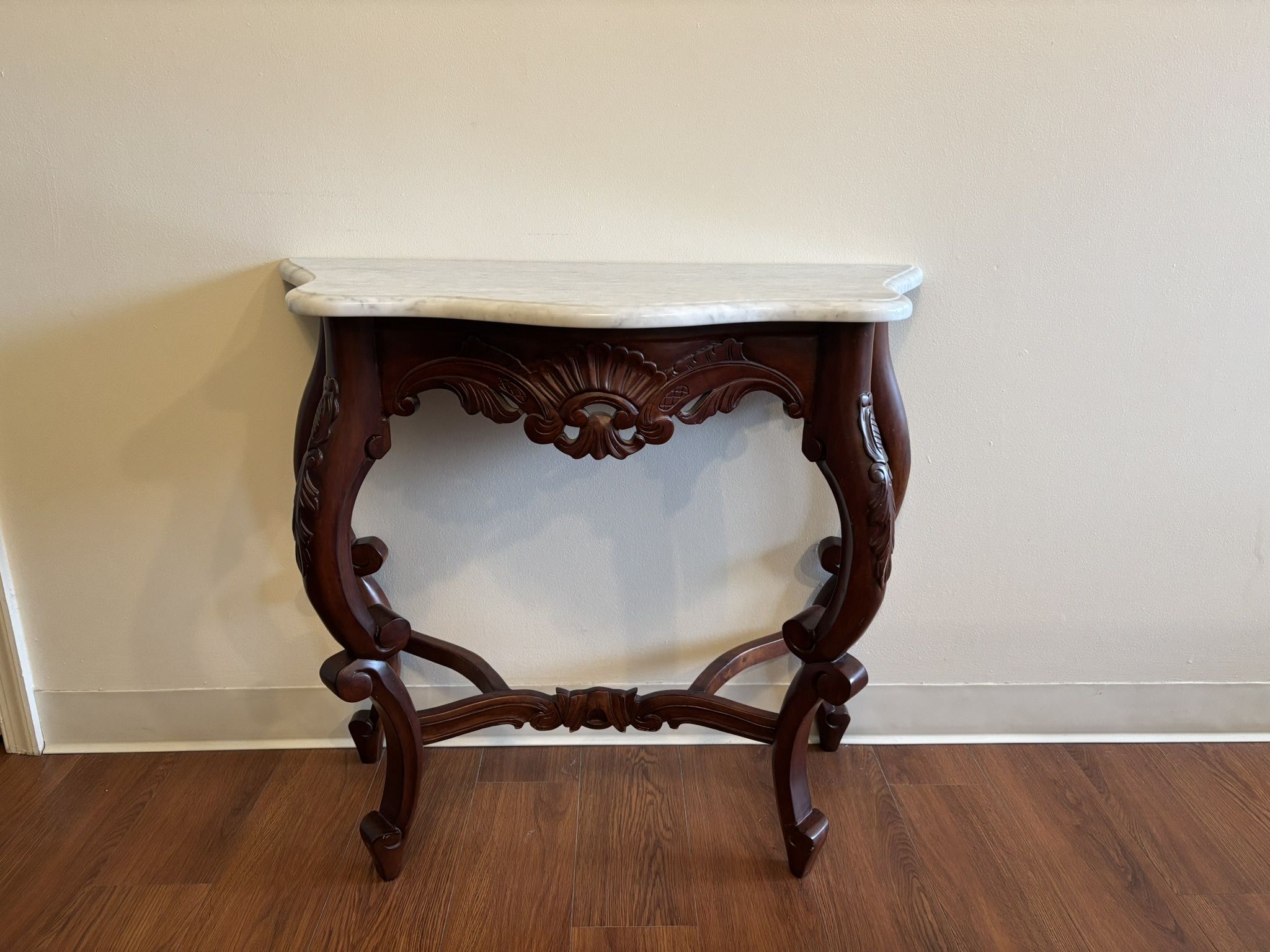 Antique Victorian Marble Top Console Table With Carved Solid Walnut/Mahogany Base, 30”H x 34”W x 16”D, 1” thick heavy top, excellent condition.