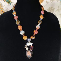 Signed Starborn 925 Sterling Silver Cluster Pendant Statement Necklace Gemstone