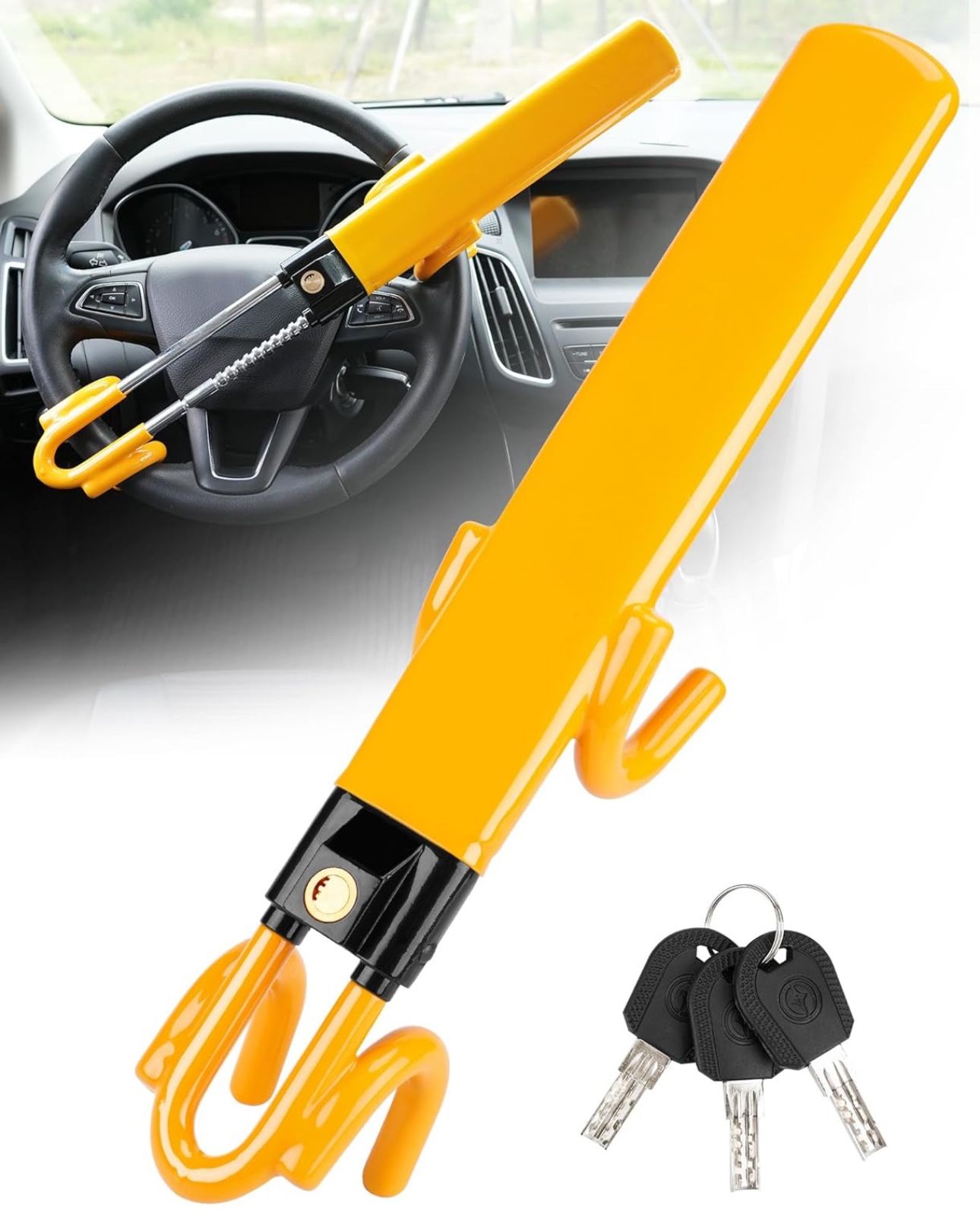 Tevlaphee Steering Wheel Lock - Heavy Duty Antitheft Device and Car Security Lock with Adjustable Locking and 3 Keys 